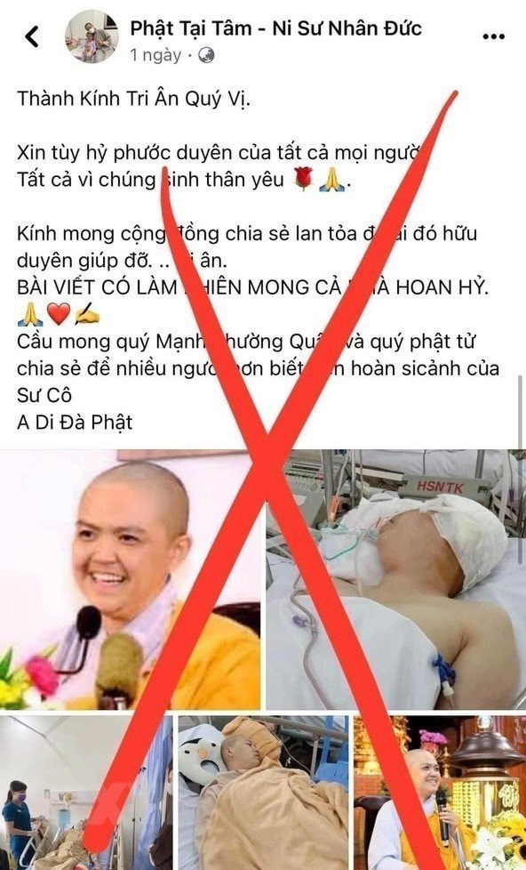 Các thông tin giả mạo kêu gọi ủng hộ xây dựng chùa, làm từ thiện. (Ảnh: TTXVN phát)