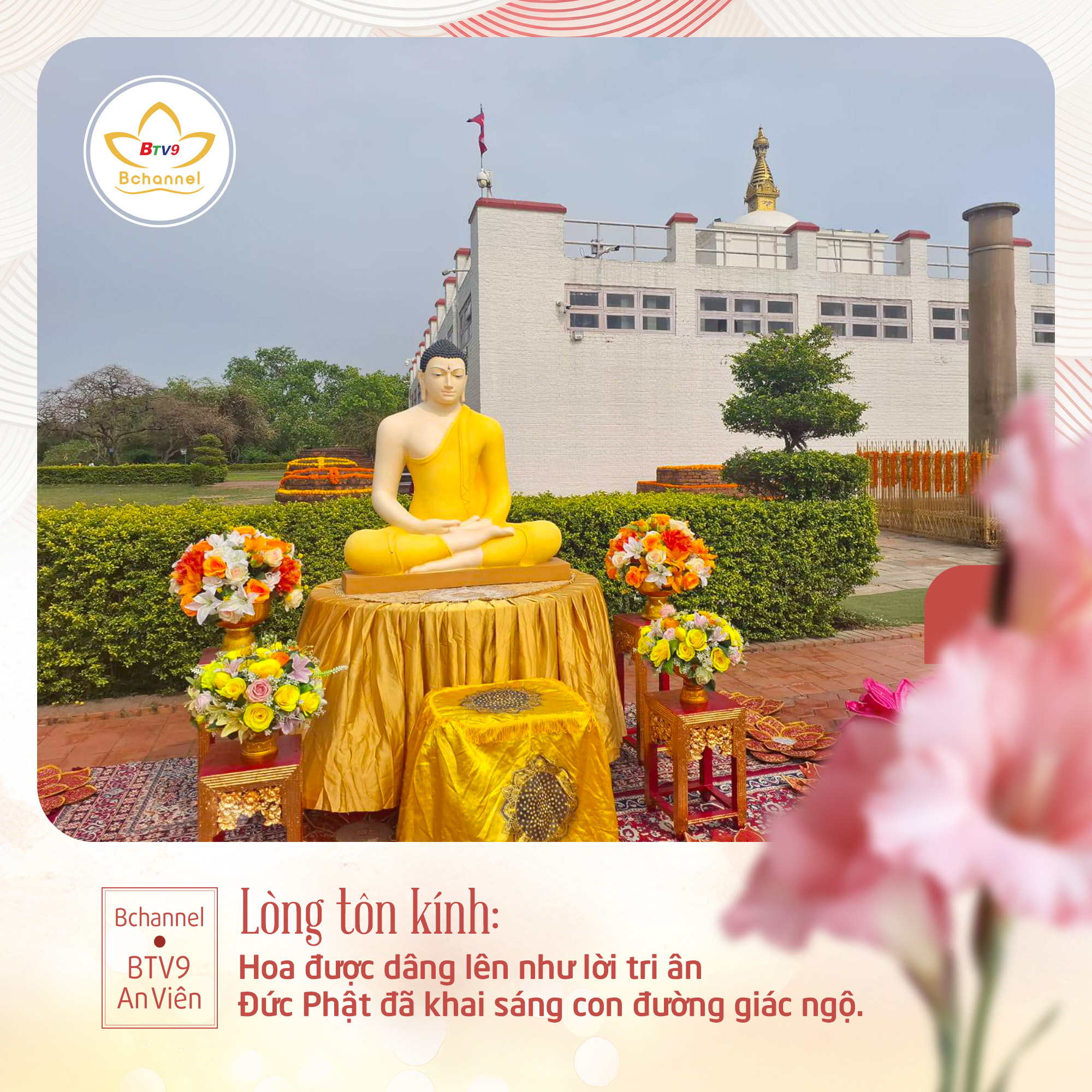 Dâng hoa tại vườn Lâm Tỳ Ni nghi lễ thiêng liêng thể hiện lòng tôn kính đối với Đức Phật