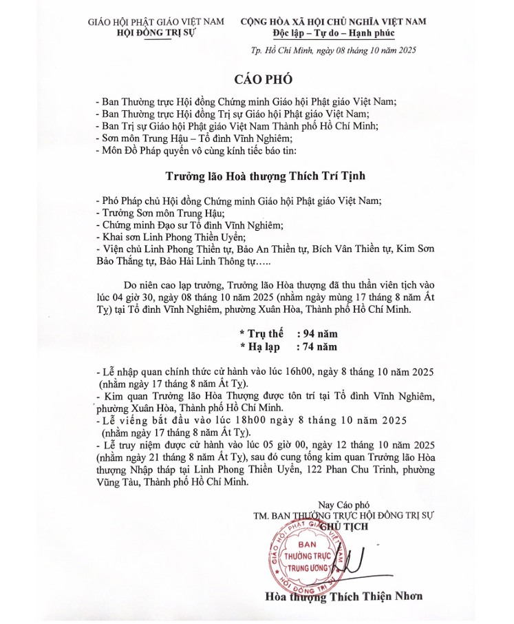Cáo phó Trưởng lão Hòa thượng Thích Trí Tịnh viên tịch
